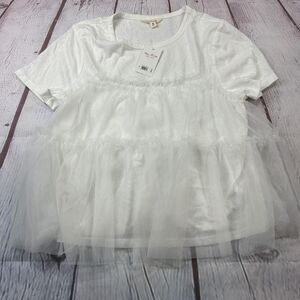 Lucky Brand Shirt Womens M White Tulle Ruffle Peplum Mesh Short Sleeve Top New